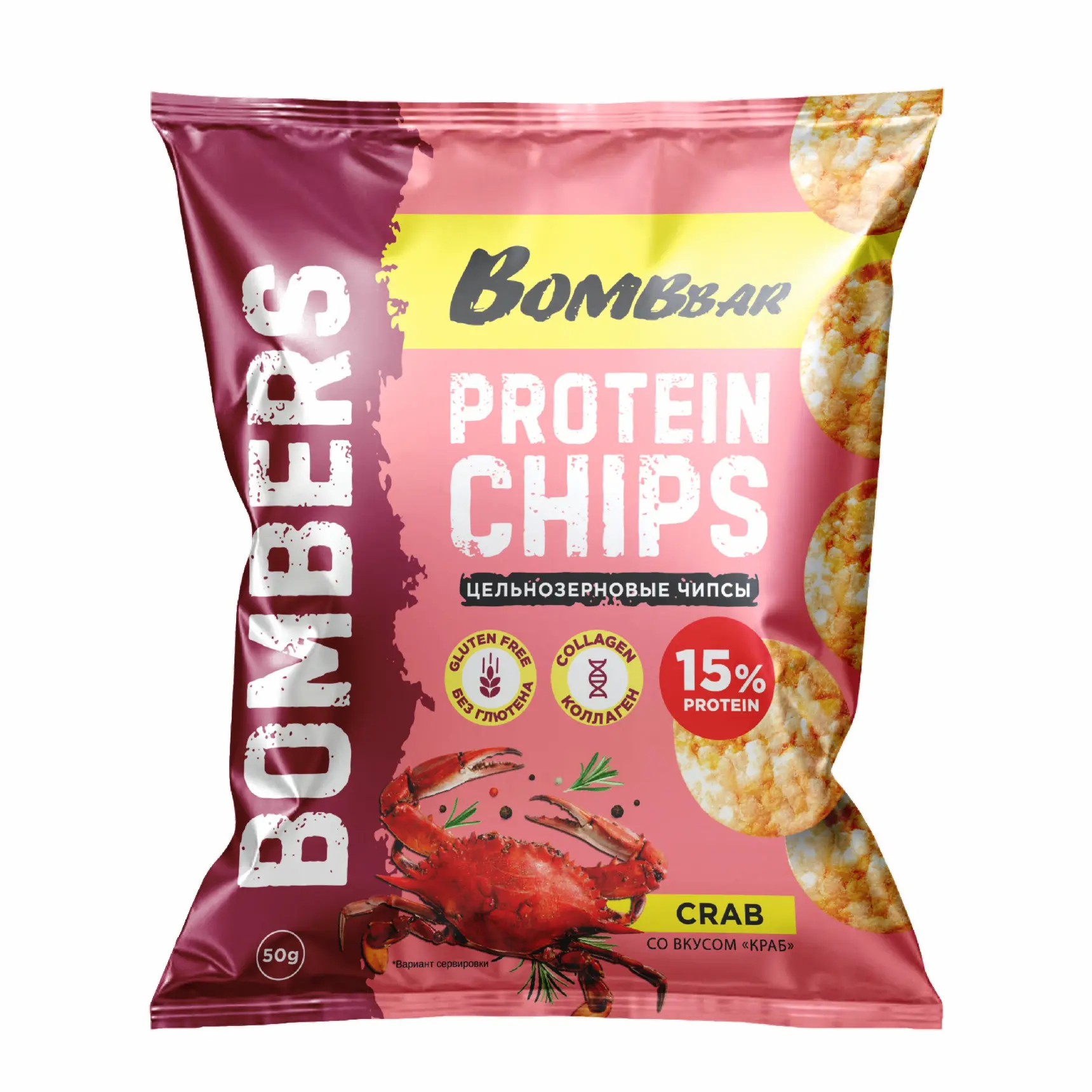 ТМ BOMBBAR Чипсы цельнозерновые протеиновые со вкусом "Краб" 50 г